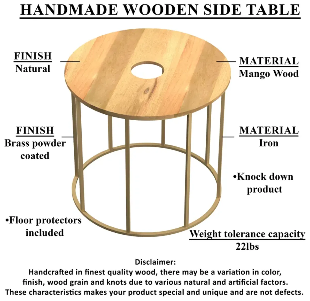 19 Inch Side End Table, O Round Shape Natural Mango Wood Top, Brass Powder Coated Open Frame