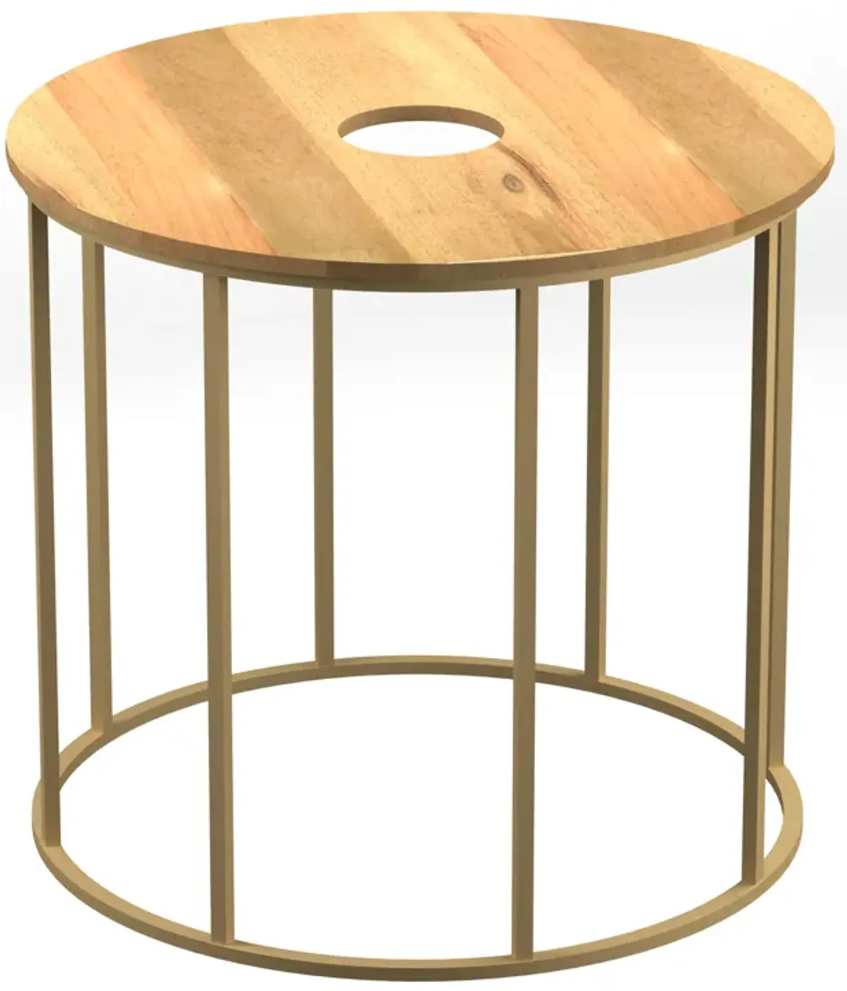 19 Inch Side End Table, O Round Shape Natural Mango Wood Top, Brass Powder Coated Open Frame