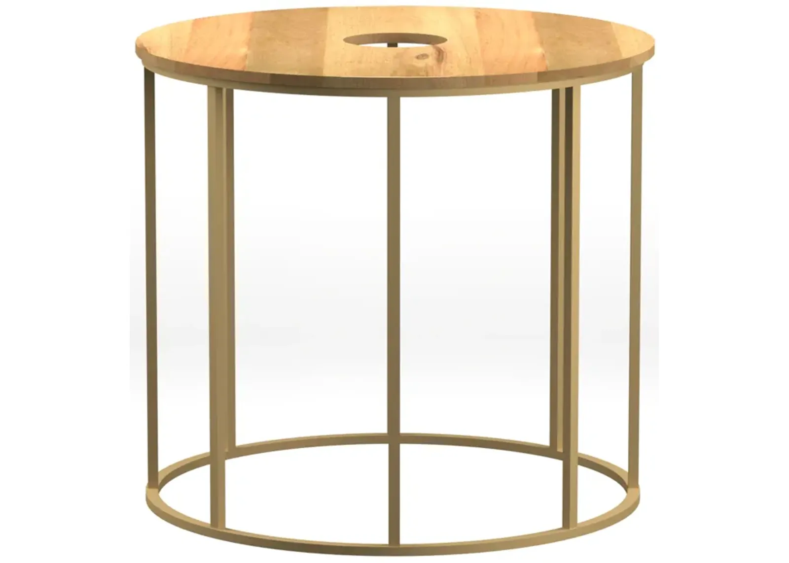 19 Inch Side End Table, O Round Shape Natural Mango Wood Top, Brass Powder Coated Open Frame