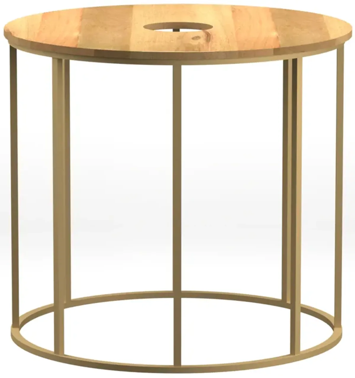 19 Inch Side End Table, O Round Shape Natural Mango Wood Top, Brass Powder Coated Open Frame