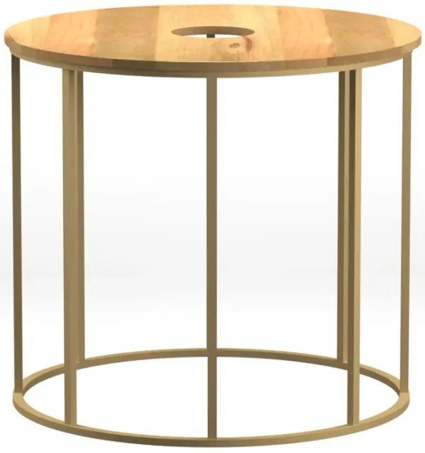 19 Inch Side End Table, O Round Shape Natural Mango Wood Top, Brass Powder Coated Open Frame