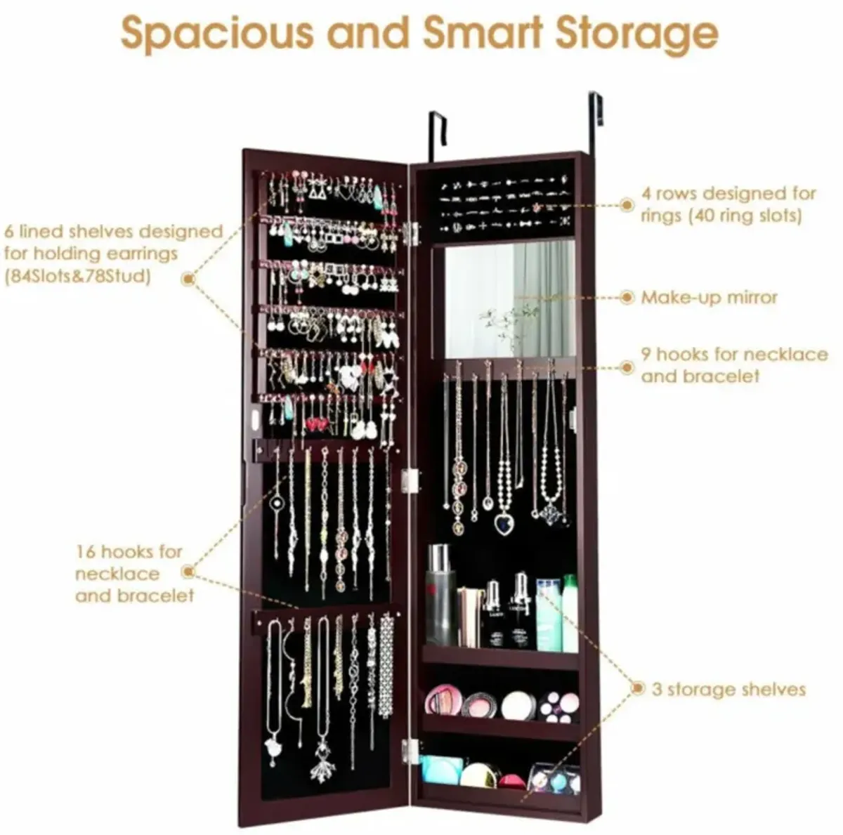 Hivvago Full Length Mirror Jewelry Cabinet with Ring Slots and Necklace Hooks