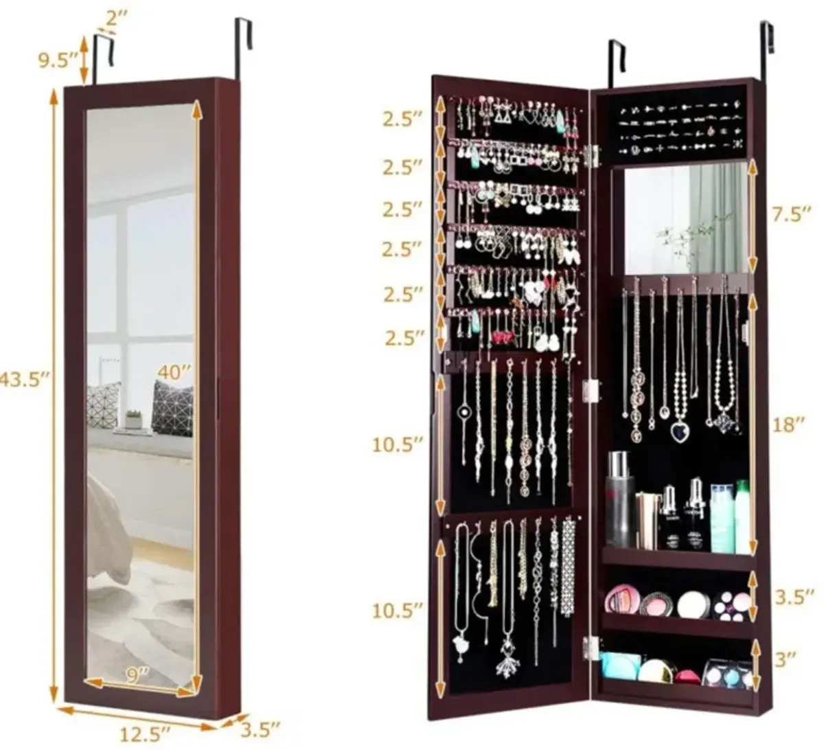 Hivvago Full Length Mirror Jewelry Cabinet with Ring Slots and Necklace Hooks