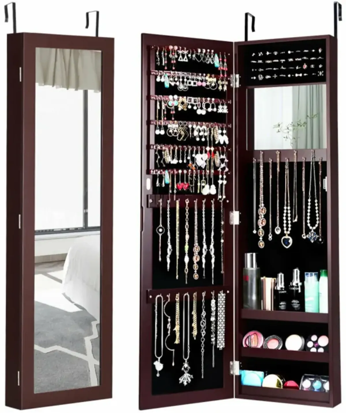 Hivvago Full Length Mirror Jewelry Cabinet with Ring Slots and Necklace Hooks