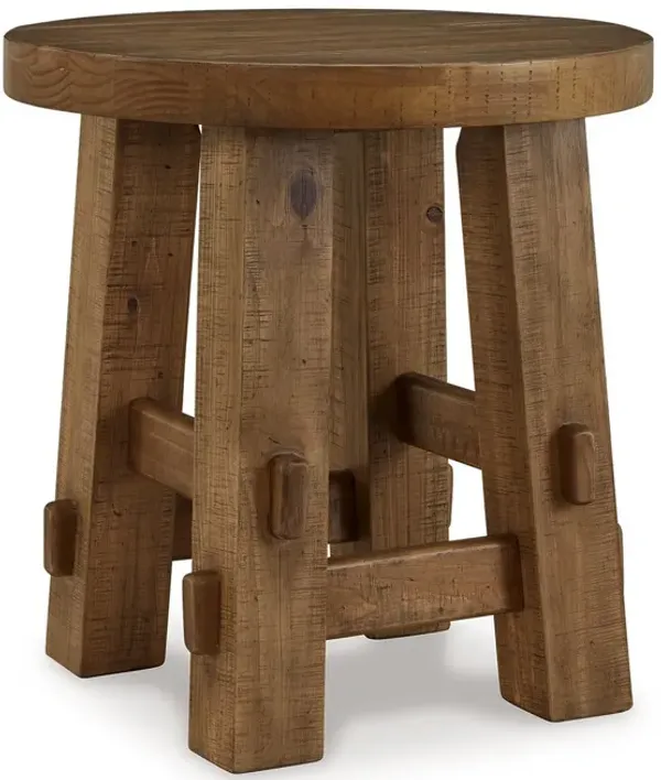 Ack Round Side End Table, Sturdy Block Legs, 24 Inch Brown Pine Solids - Benzara