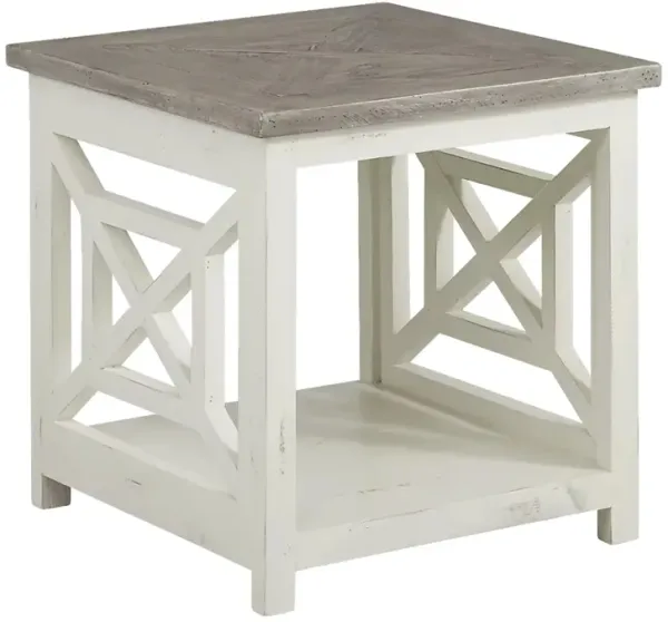 Pari Solid Wood Farmhouse End Table with X Shape Side Panels, White and Brown-Benzara