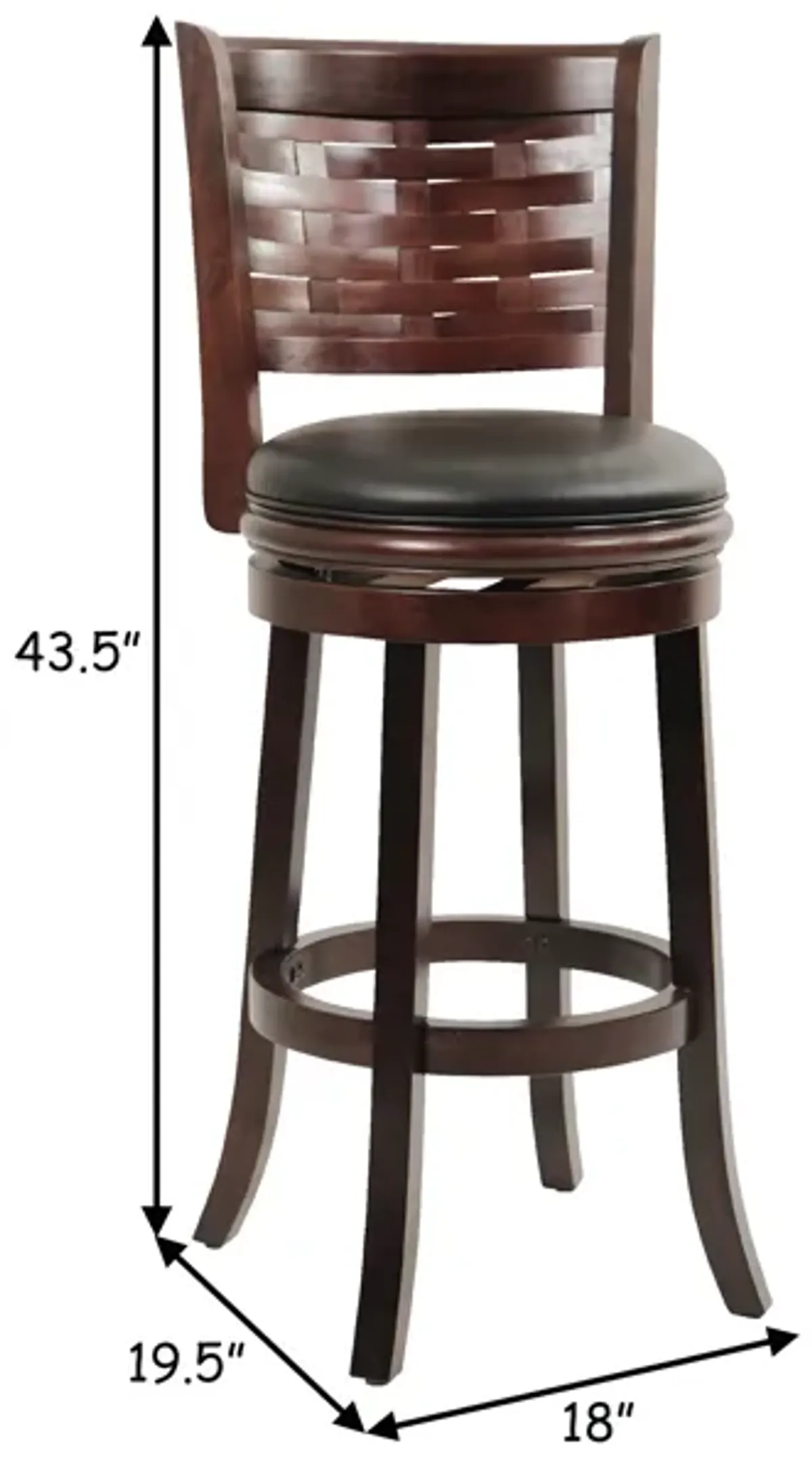 Kim 29 Inch Swivel Bar Stool, Solid Wood, Bonded Leather, Espresso, Black-Benzara