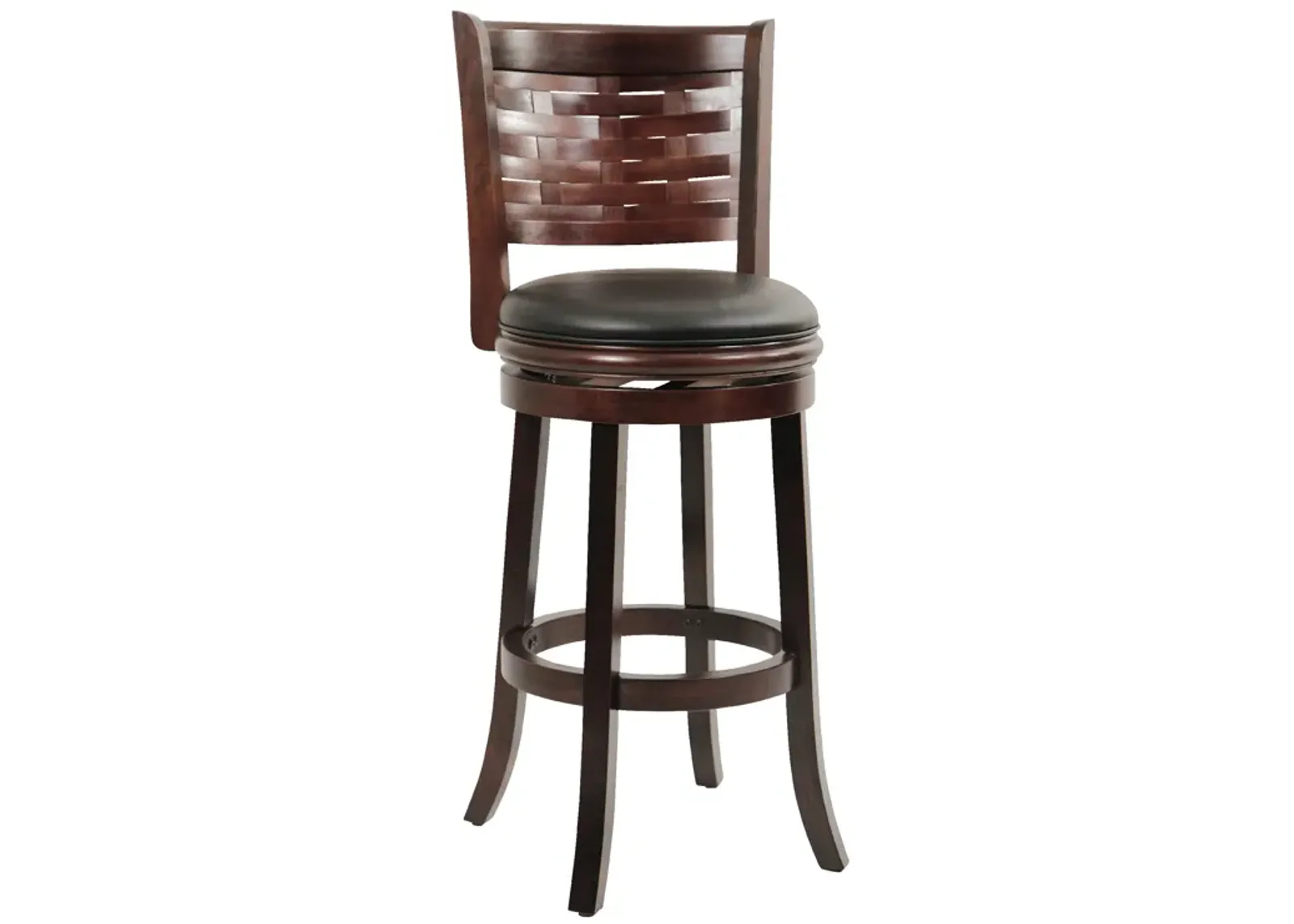 Kim 29 Inch Swivel Bar Stool, Solid Wood, Bonded Leather, Espresso, Black-Benzara