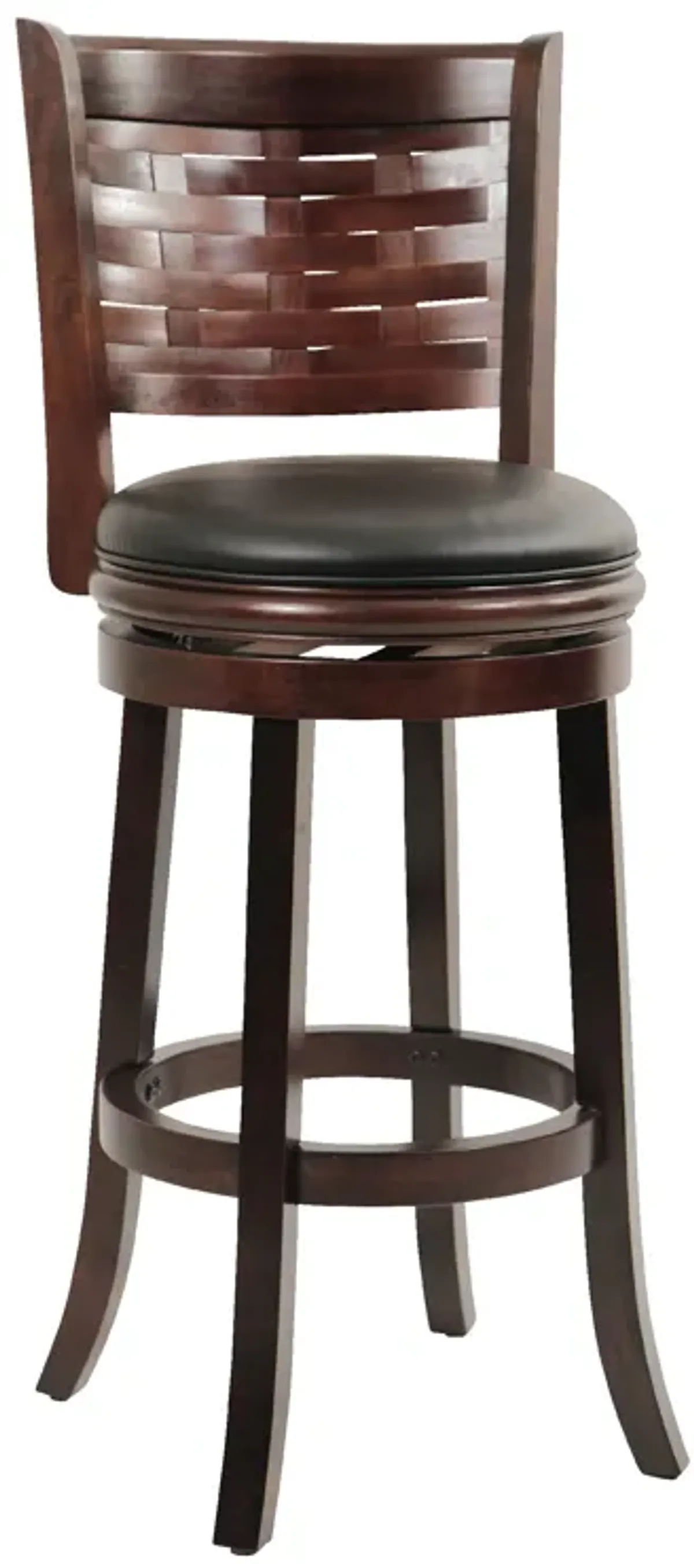 Kim 29 Inch Swivel Bar Stool, Solid Wood, Bonded Leather, Espresso, Black-Benzara