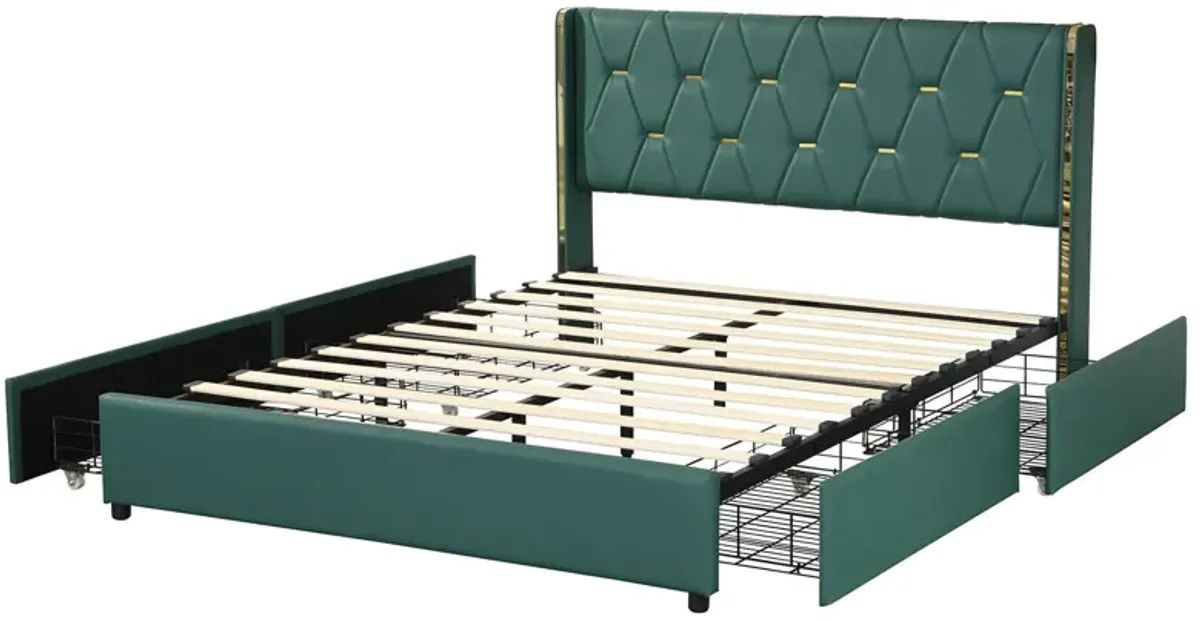 Full Size Upholstered Bed Frame with 4 Drawers-Green