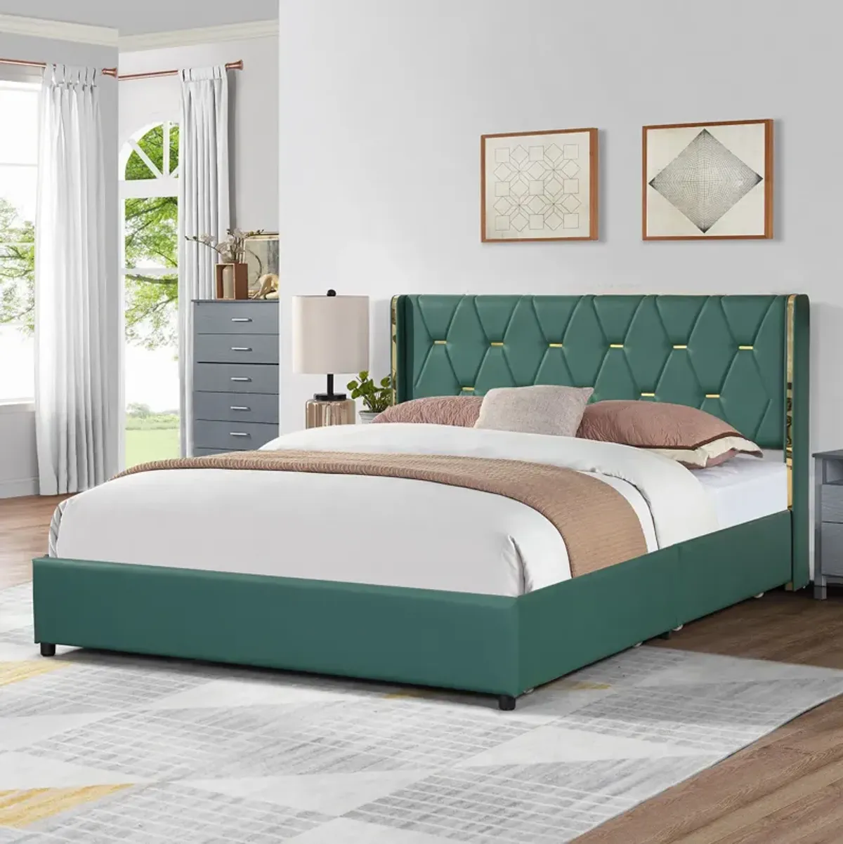 Full Size Upholstered Bed Frame with 4 Drawers-Green