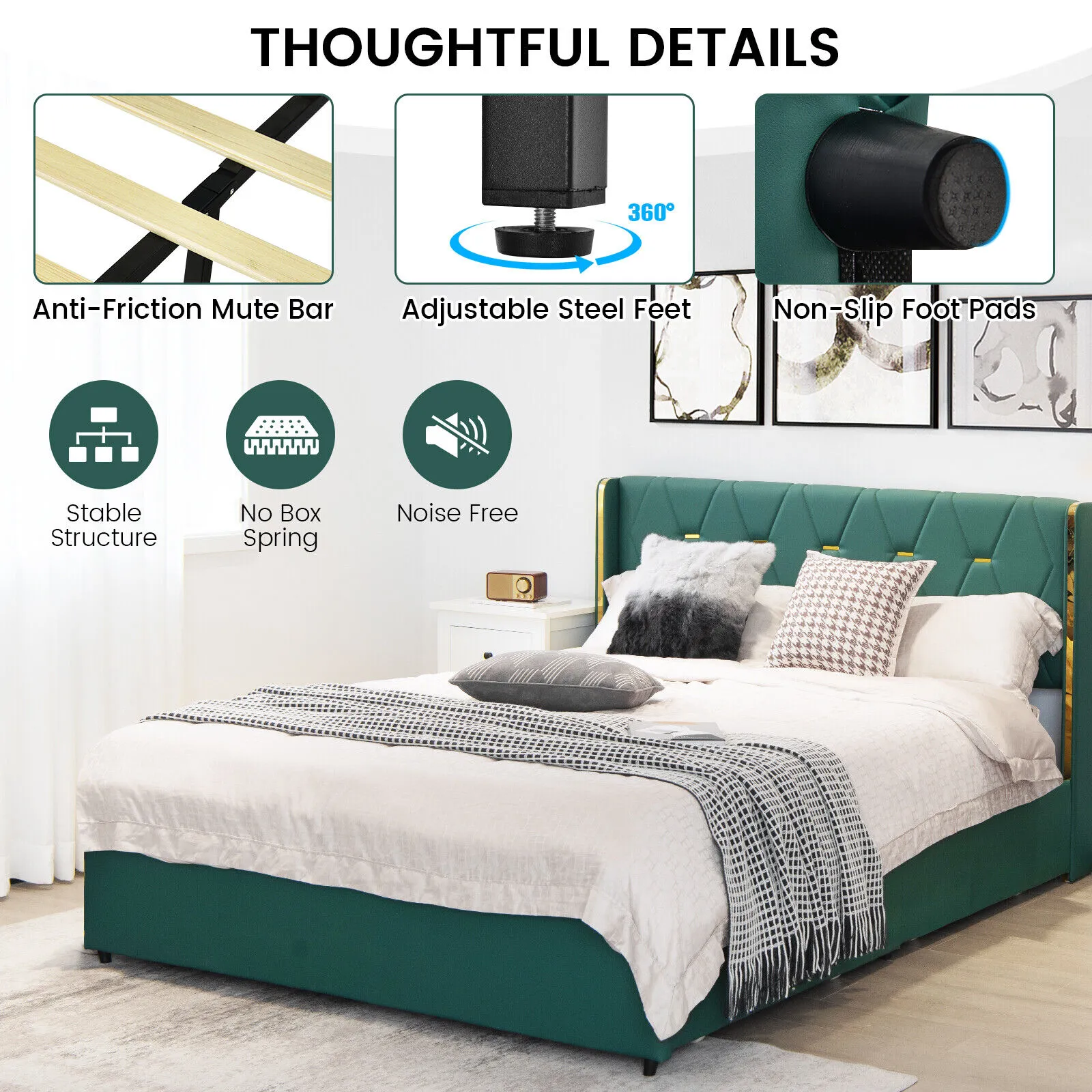 Full Size Upholstered Bed Frame with 4 Drawers-Green