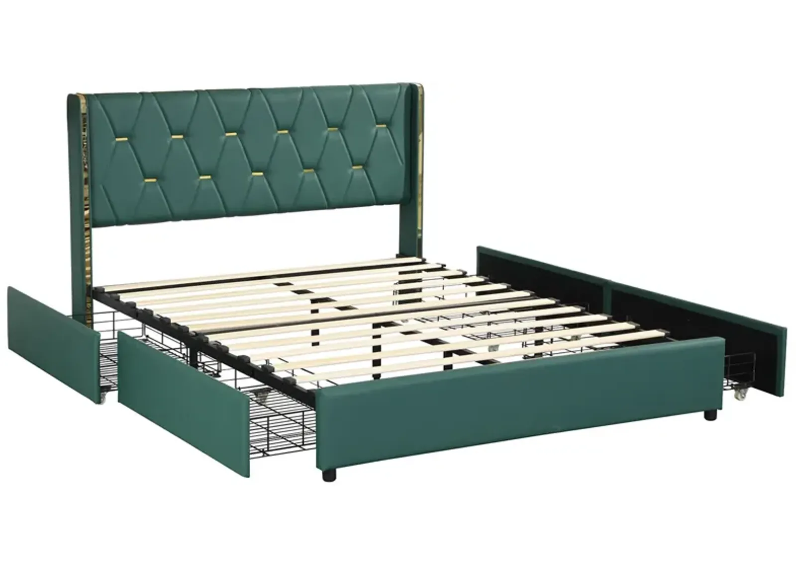 Full Size Upholstered Bed Frame with 4 Drawers-Green