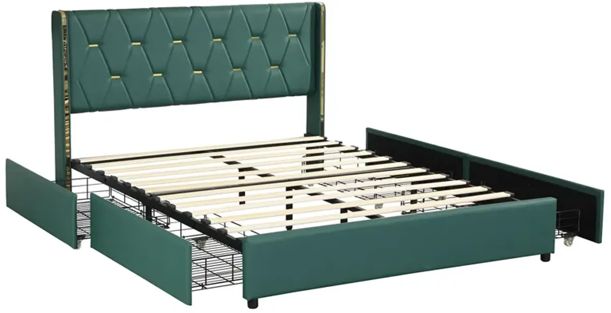 Full Size Upholstered Bed Frame with 4 Drawers-Green