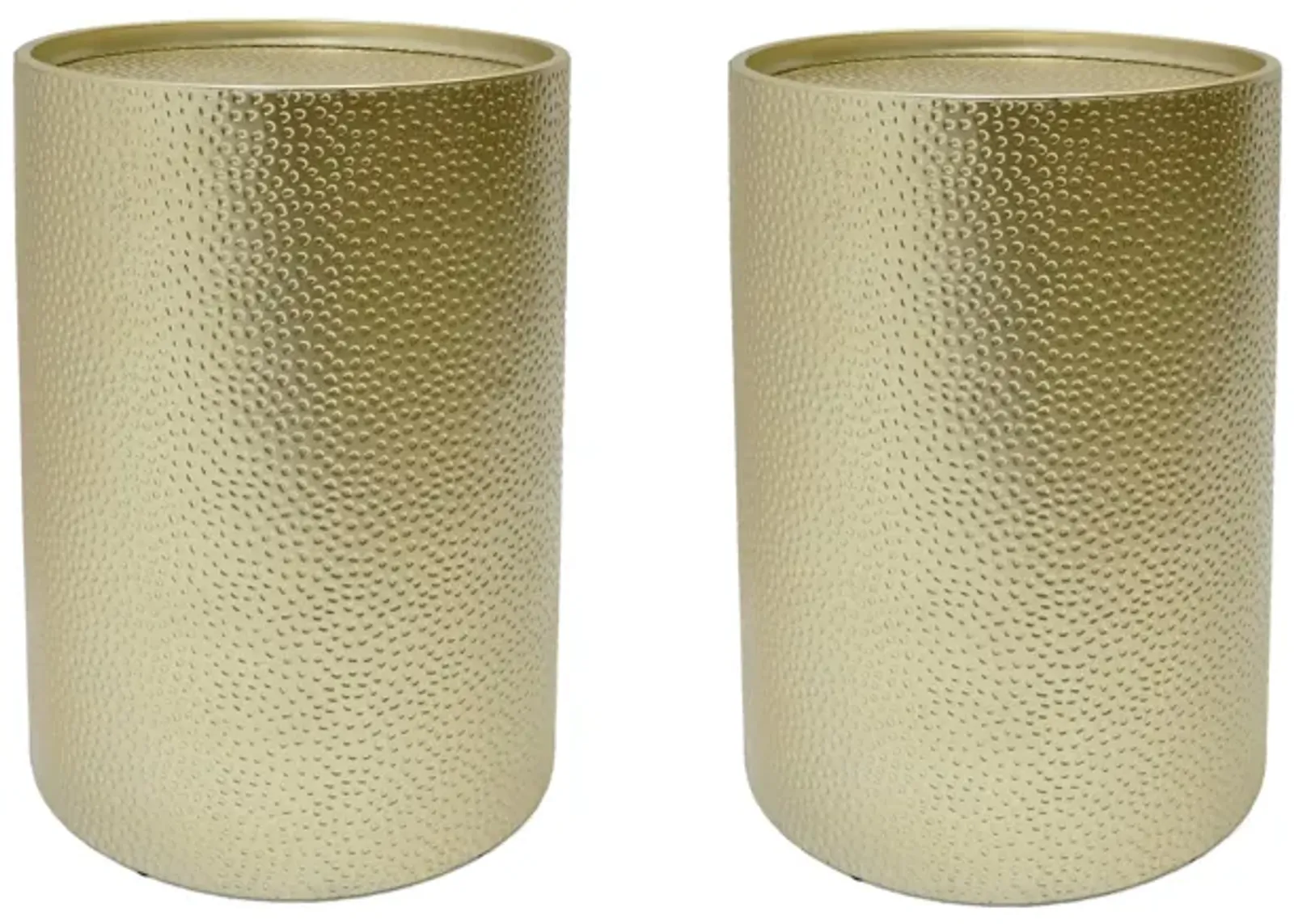 Bet Side End Table Set of 2, 16 Inch Round Tray, Modern Hammered Gold - Benzara