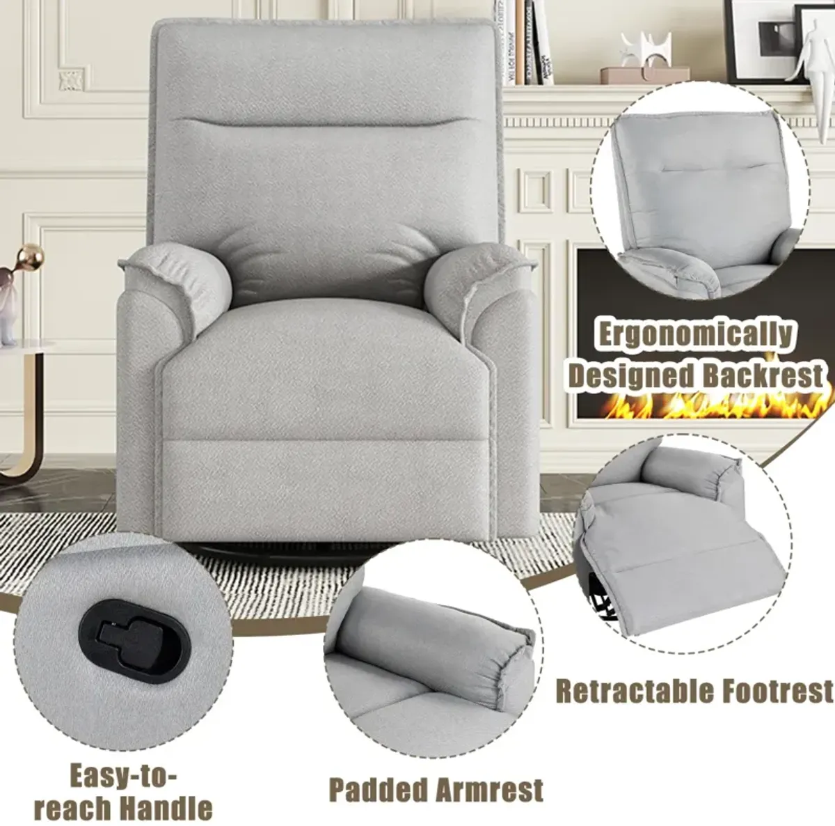 360 Degree Swivel Recliner Manual Recliner Chair Theater Recliner Sofa For Living Room, Grey