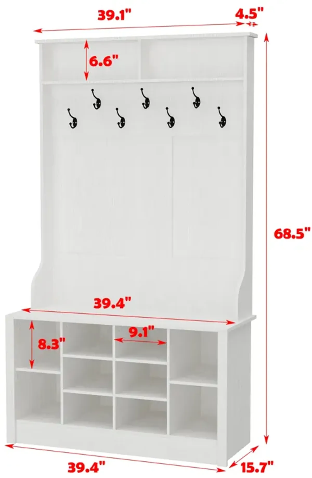 68.5 in. White Wood 3-in-1 Hall Tree Coat Rack Storage Bench with 7-Metal Double Hooks and Shelves