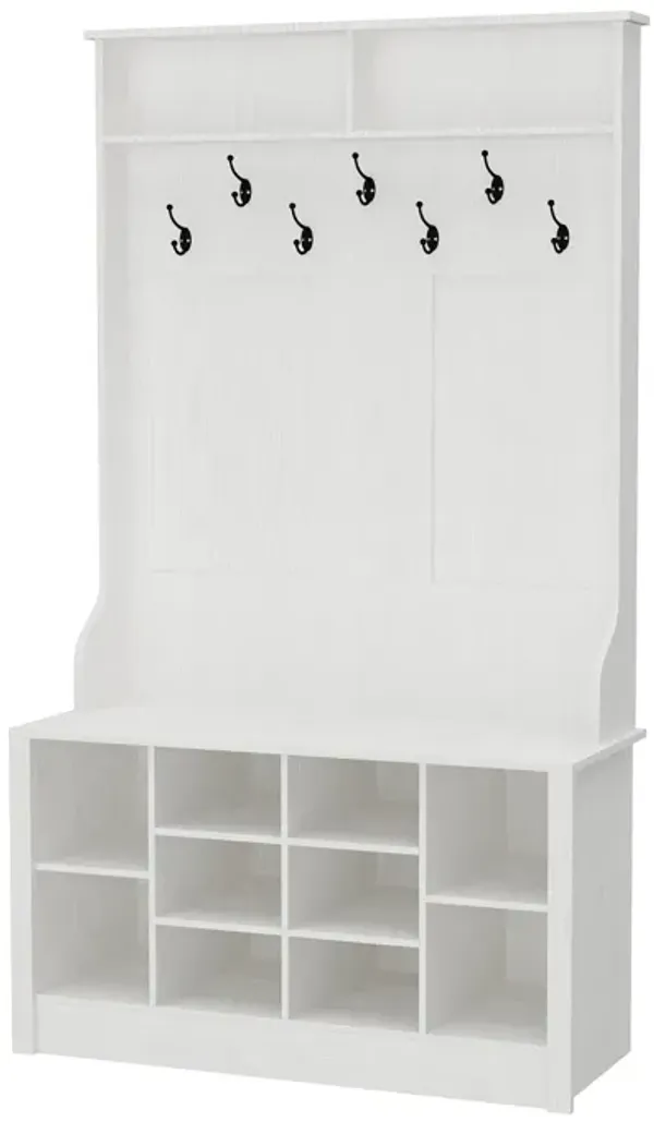 FUFU&GAGA 68.5 in. White Wood 3-in-1 Hall Tree Coat Rack Storage Bench with 7-Metal Double Hooks and Shelves, (68.5 in. H x 39.4 in. W x 15.7 in. D),White