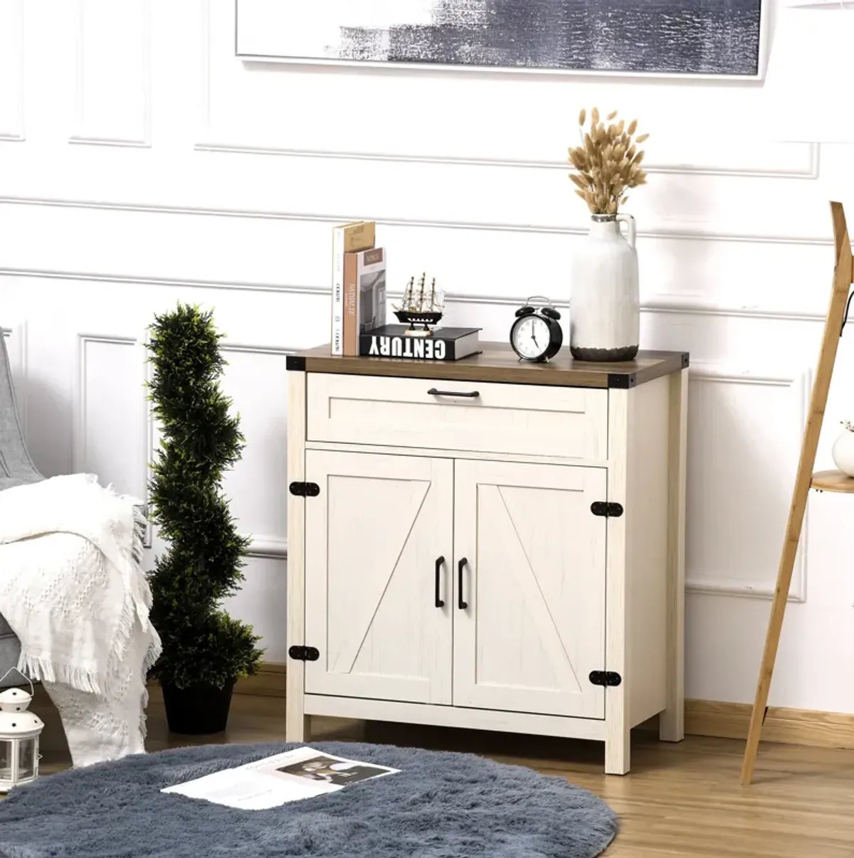 White Kitchen Organizer: Farmhouse Style Sideboard with Drawer