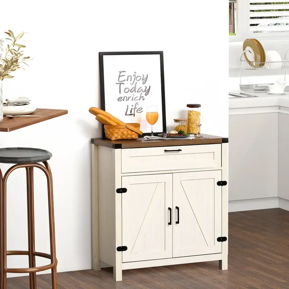 White Kitchen Organizer: Farmhouse Style Sideboard with Drawer