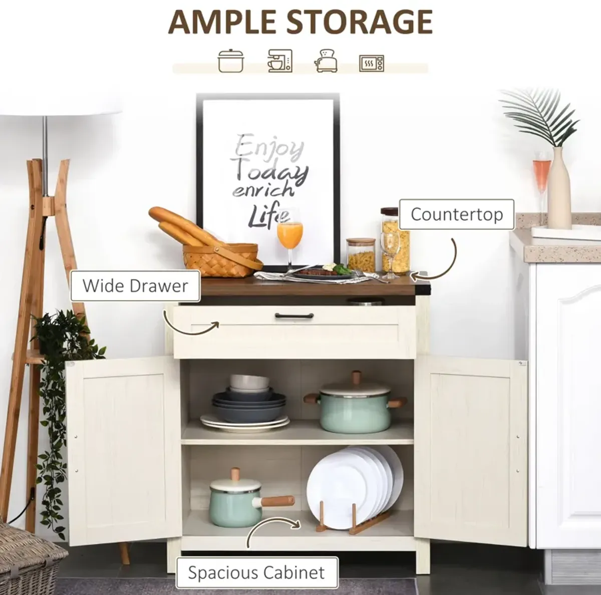 White Kitchen Organizer: Farmhouse Style Sideboard with Drawer