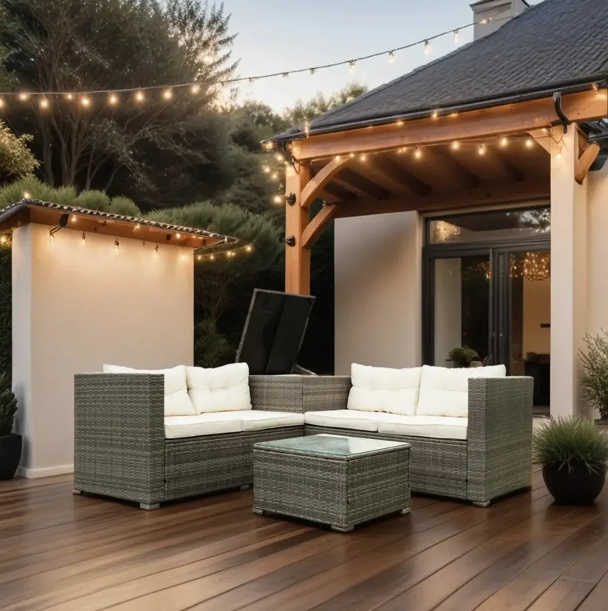 Whisen 4-Piece Wicker Rattan Patio Sectional Set with Storage Box - Grey