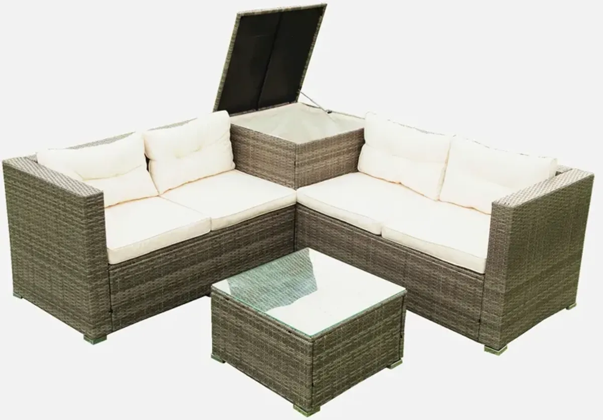 Whisen 4-Piece Wicker Rattan Patio Sectional Set with Storage Box - Grey
