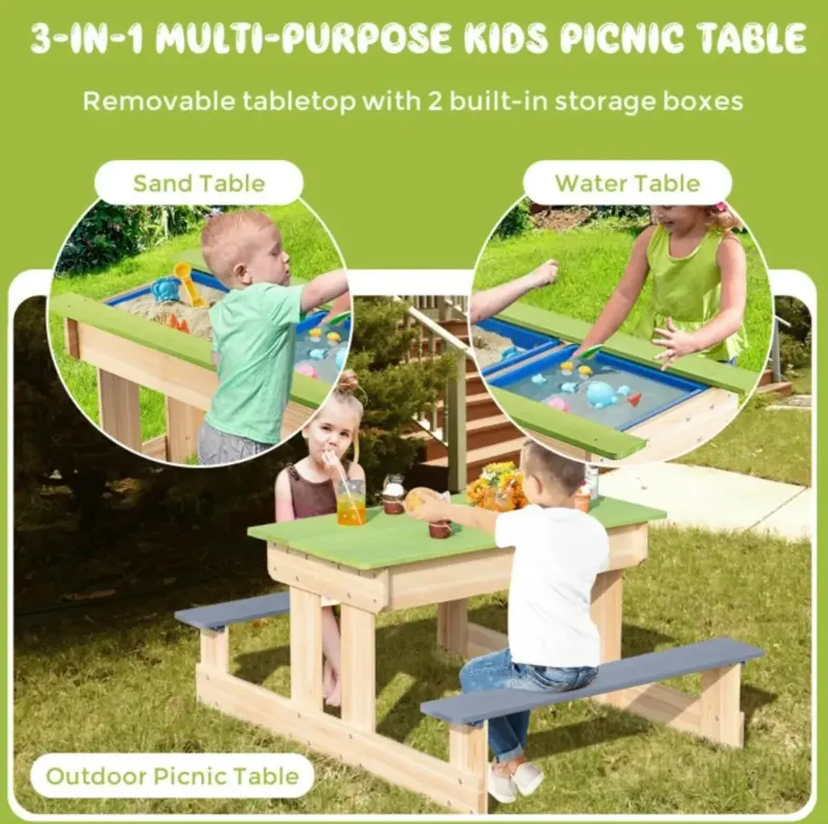 Hivvago 3-in-1 Outdoor Wooden Kids Water Sand Table with Play Boxes