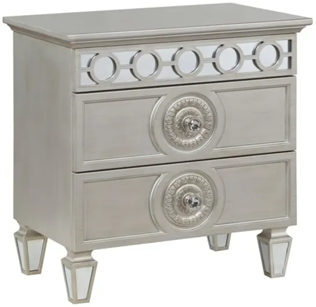 Acme Varian 2 Drawers Wooden Nightstand with Mirror Inlay in Silver