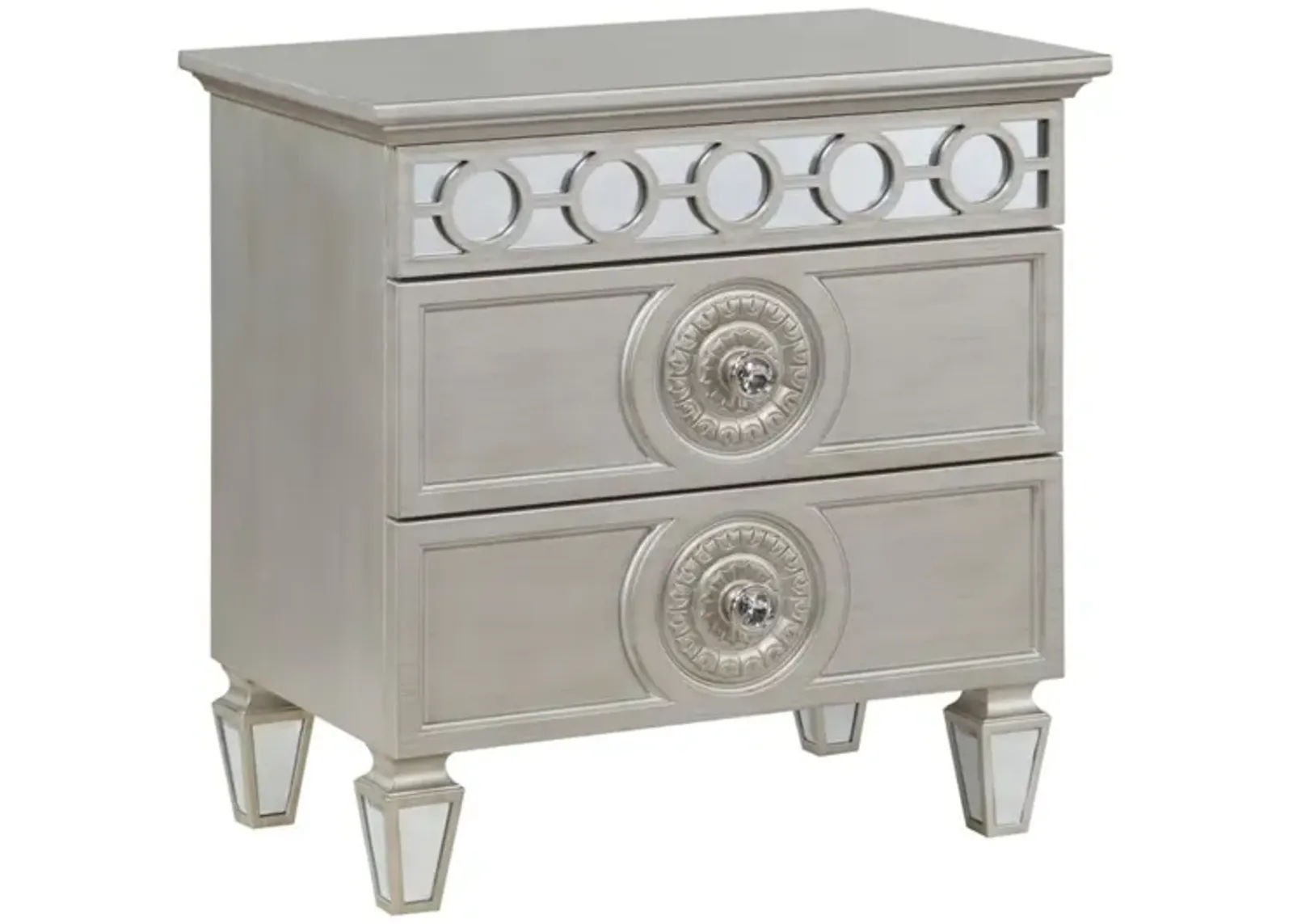 Acme Varian 2 Drawers Wooden Nightstand with Mirror Inlay in Silver