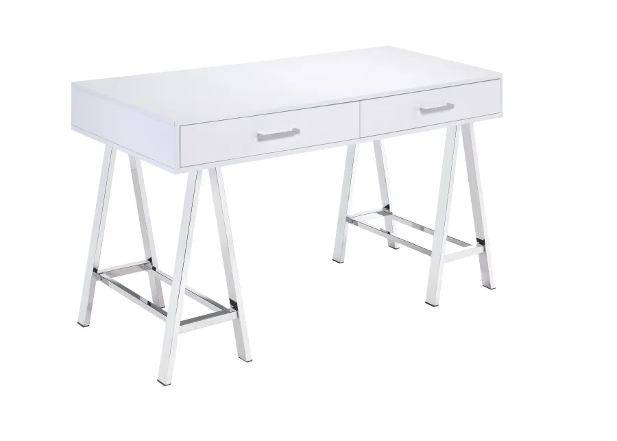 ACME Coleen Writing Desk(Same AC00901), White High Gloss & Chrome