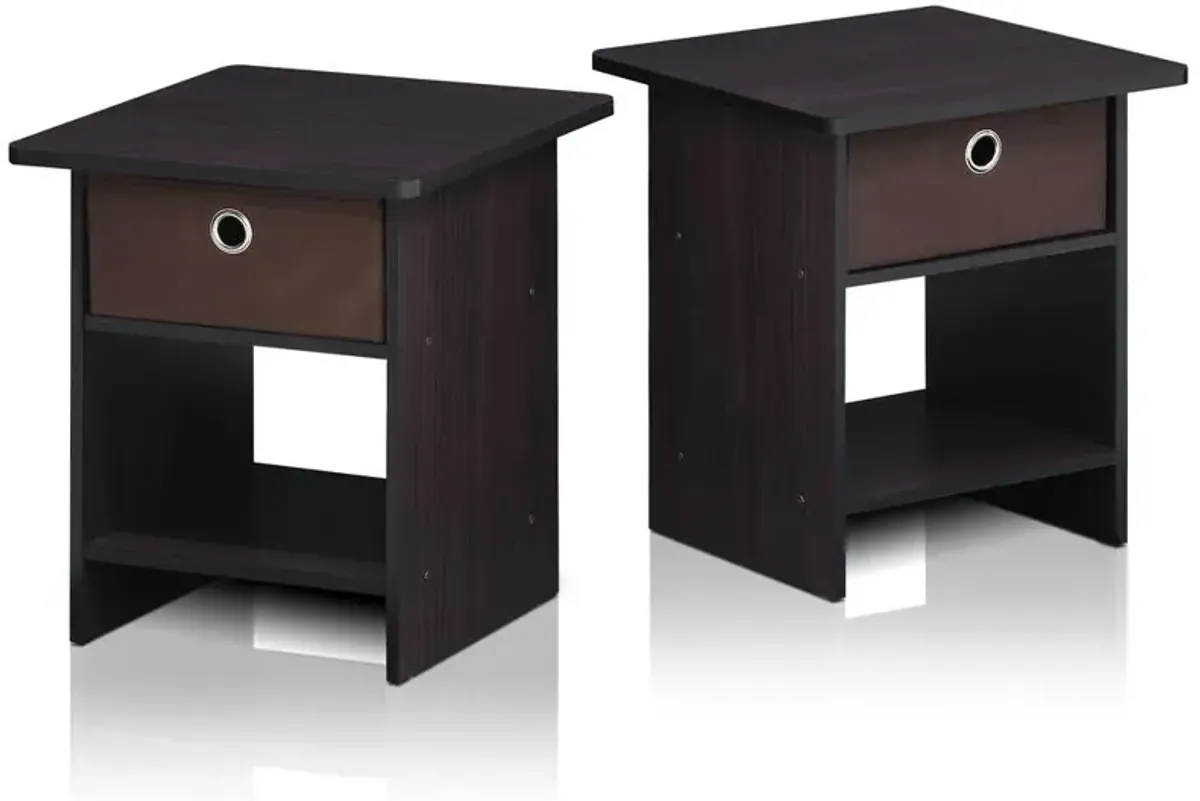 Furinno 2-10004DWN End Table/ Night Stand Storage Shelf with Bin Drawer, Dark Walnut, Set of two