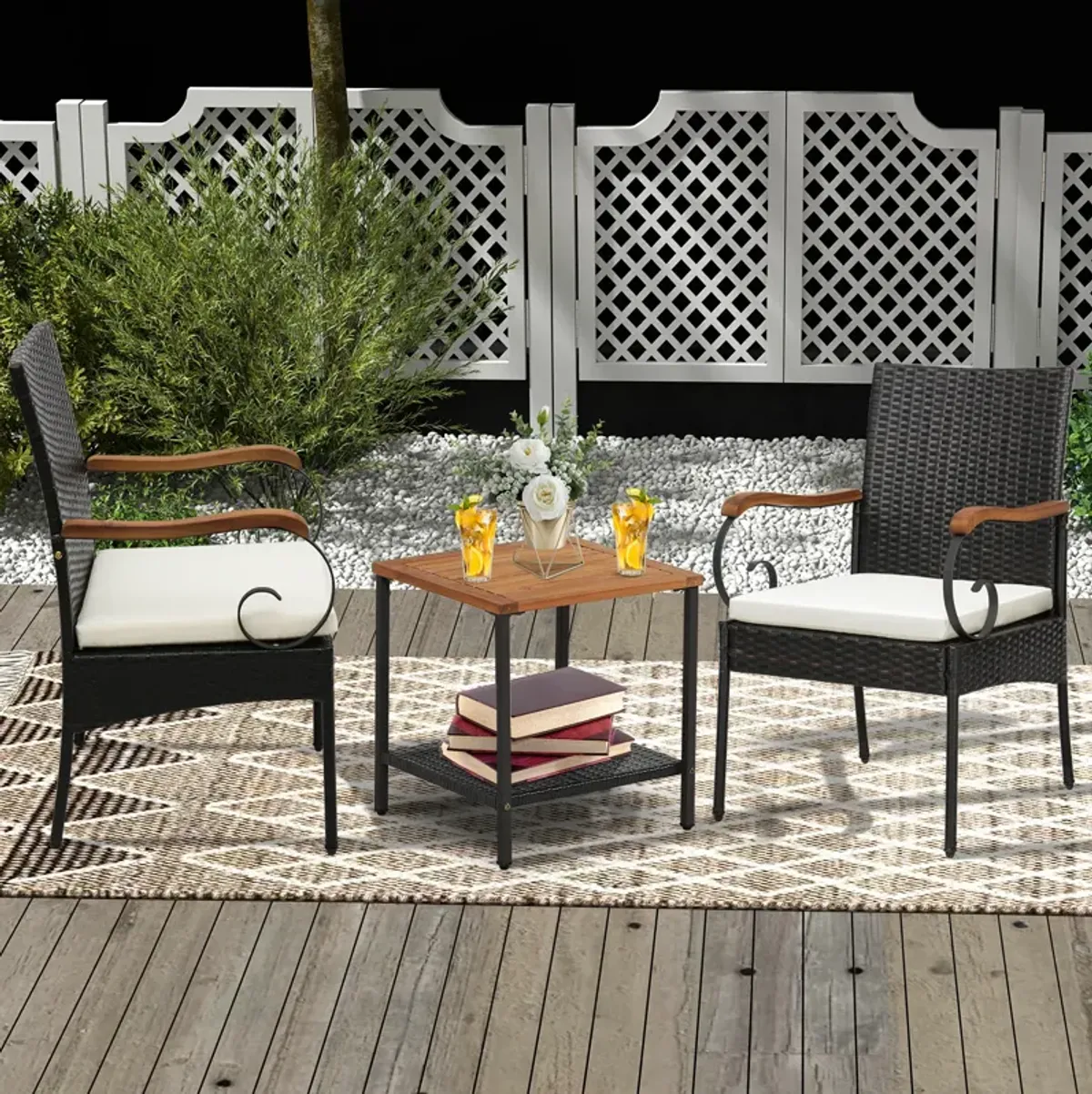 Outdoor PE Wicker Chair with Acacia Wood Armrests