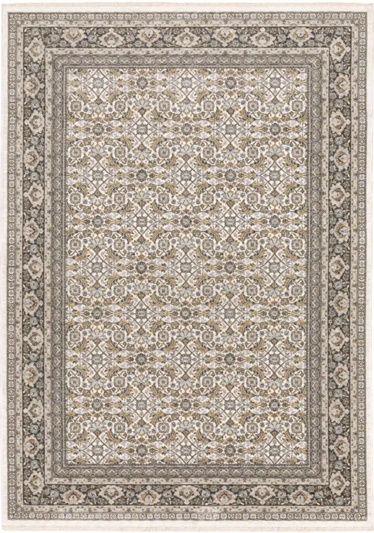 5 X 8 Ivory And grey Oriental Power Loom Stain Resistant Area Rug With Fringe