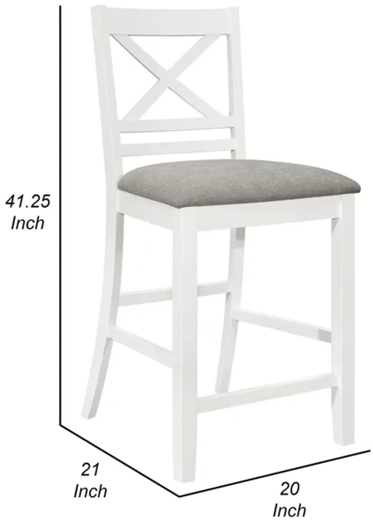 Hoa Counter Height Dining Chair Set of 2, X Back, Gray Fabric, White Wood - Benzara