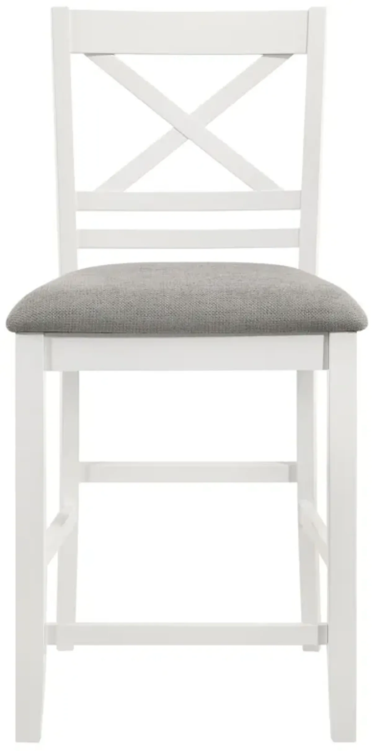 Hoa Counter Height Dining Chair Set of 2, X Back, Gray Fabric, White Wood - Benzara