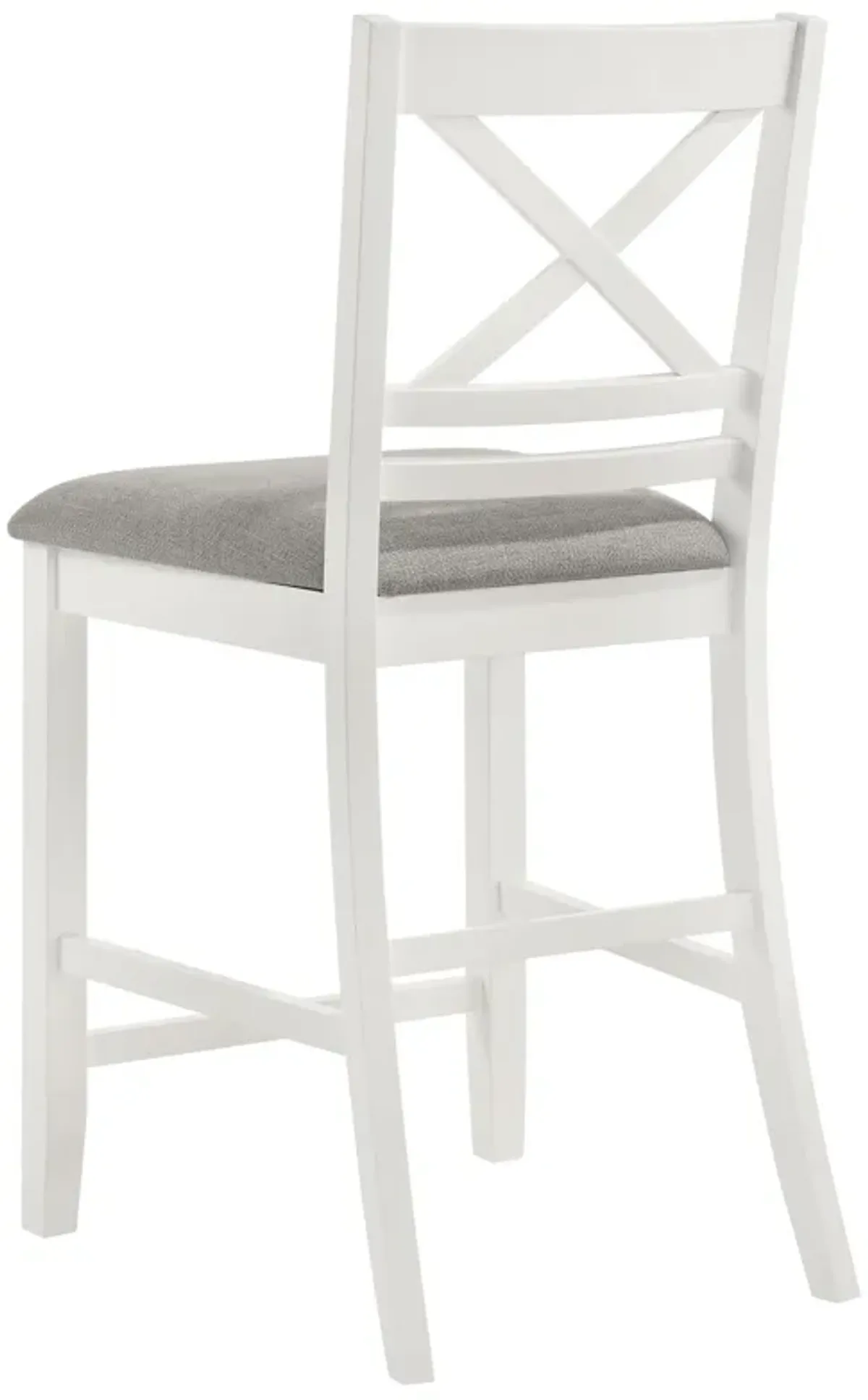 Hoa Counter Height Dining Chair Set of 2, X Back, Gray Fabric, White Wood - Benzara