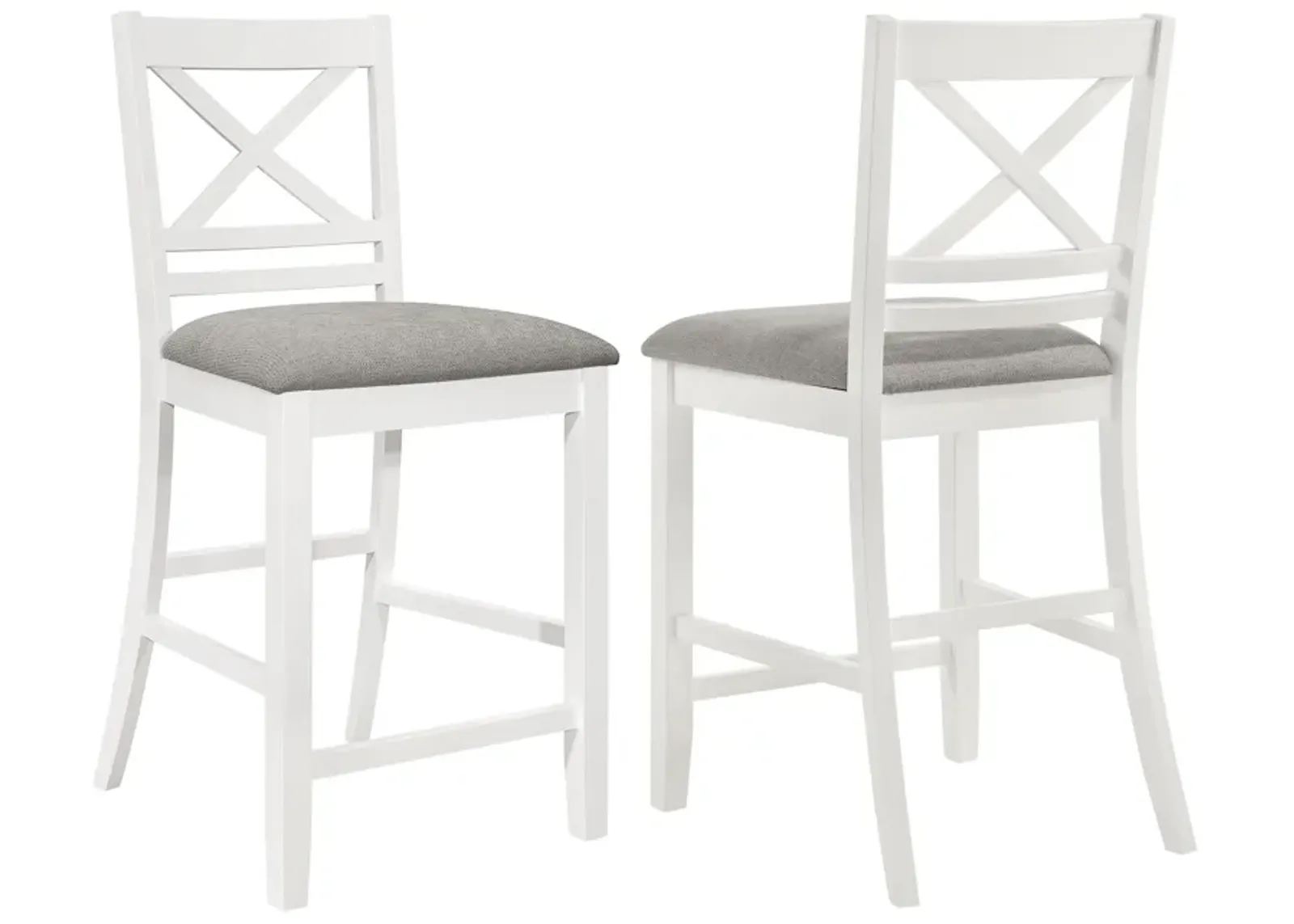 Hoa Counter Height Dining Chair Set of 2, X Back, Gray Fabric, White Wood - Benzara