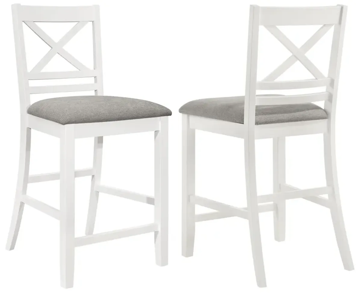 Hoa Counter Height Dining Chair Set of 2, X Back, Gray Fabric, White Wood - Benzara