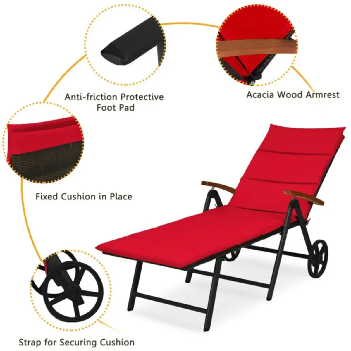 Hivvago Folding Patio Rattan Lounge Chair with Wheels