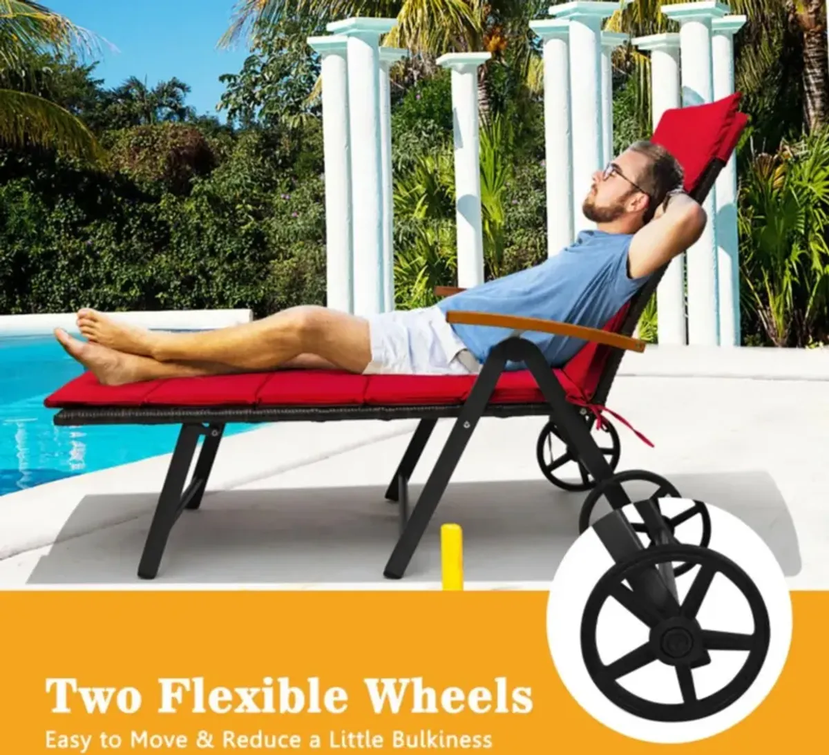 Hivvago Folding Patio Rattan Lounge Chair with Wheels