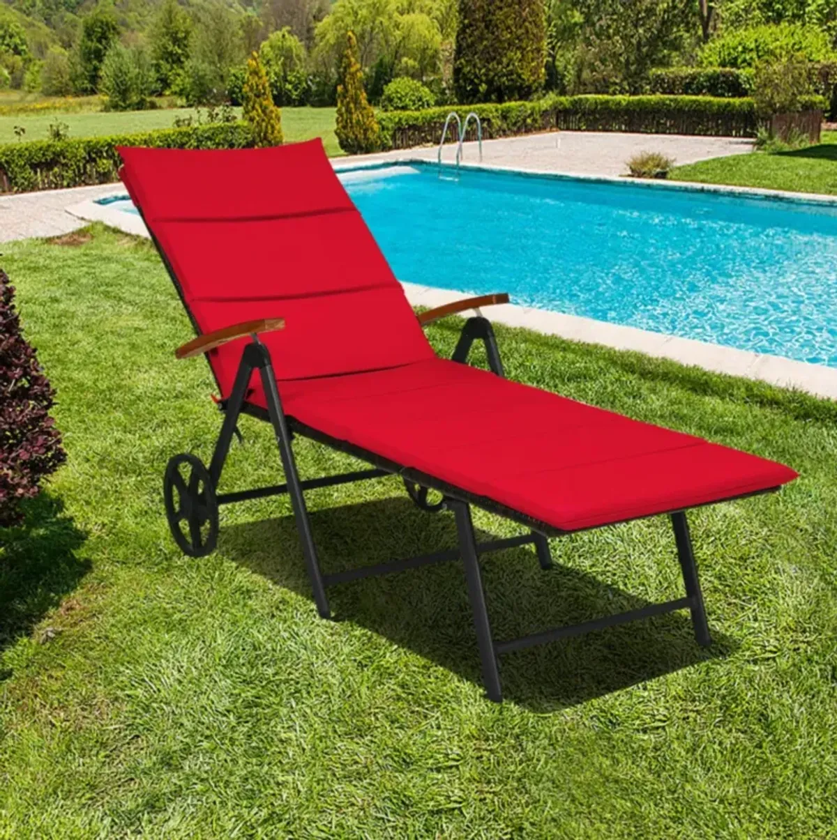 Hivvago Folding Patio Rattan Lounge Chair with Wheels