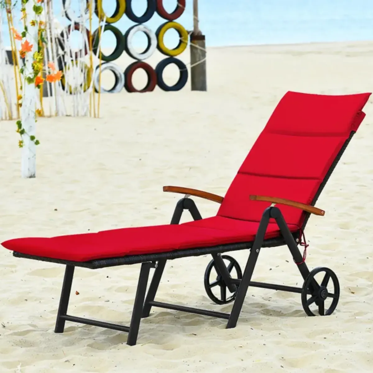 Hivvago Folding Patio Rattan Lounge Chair with Wheels