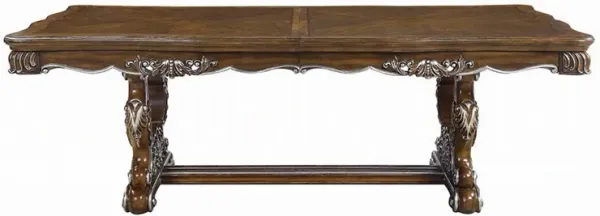 Maver Dining Table, Carved Silver Trim 90-114 Inch Classic Antique Oak - Benzara