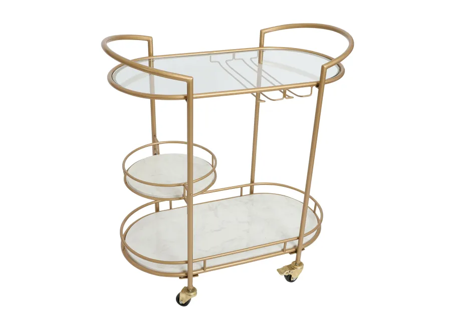 33 Inch Serving Cart, 3 Tier Glass and Marble Shelves, Gold Iron Frame, Lockable Casters - Benzara