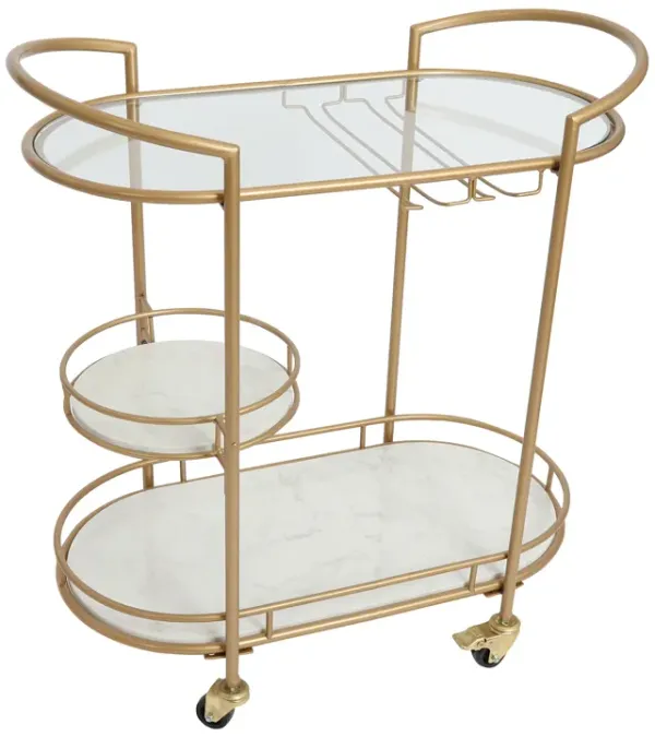 33 Inch Serving Cart, 3 Tier Glass and Marble Shelves, Gold Iron Frame, Lockable Casters - Benzara