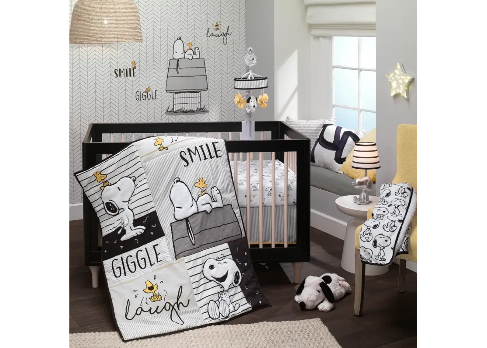 Lambs & Ivy Classic Snoopy White/Black/Gray 3-Piece Baby Crib Bedding Set