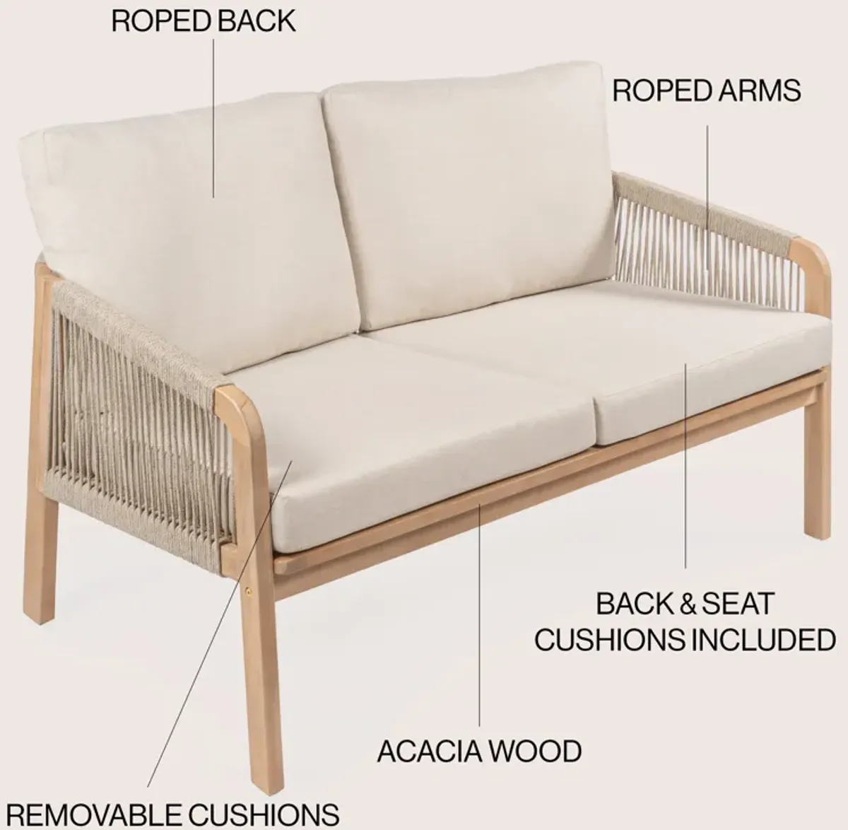 Arwen Modern Bohemian Roped Acacia Wood Outdoor Loveseat with Cushions