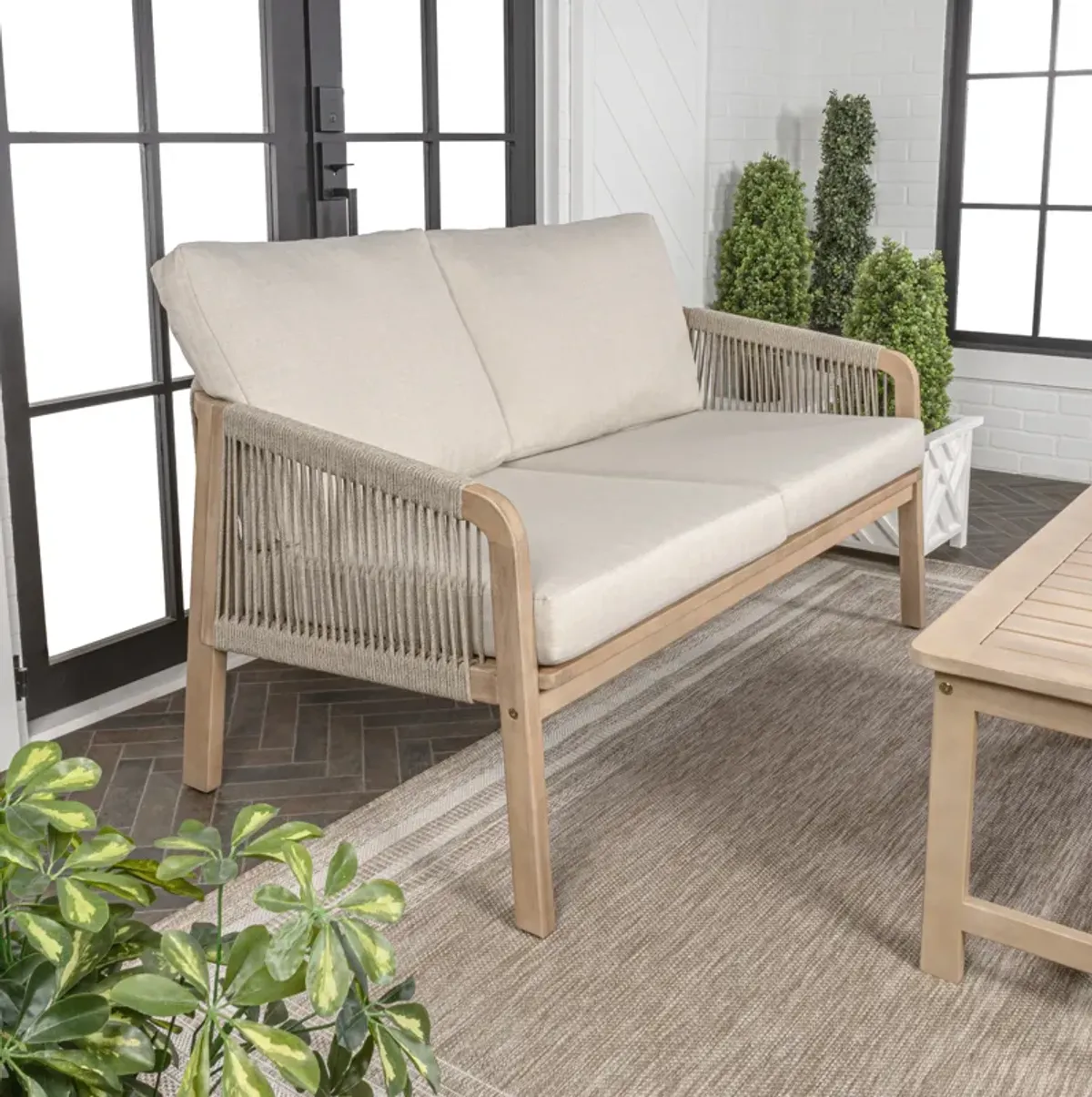 Arwen Modern Bohemian Roped Acacia Wood Outdoor Loveseat with Cushions