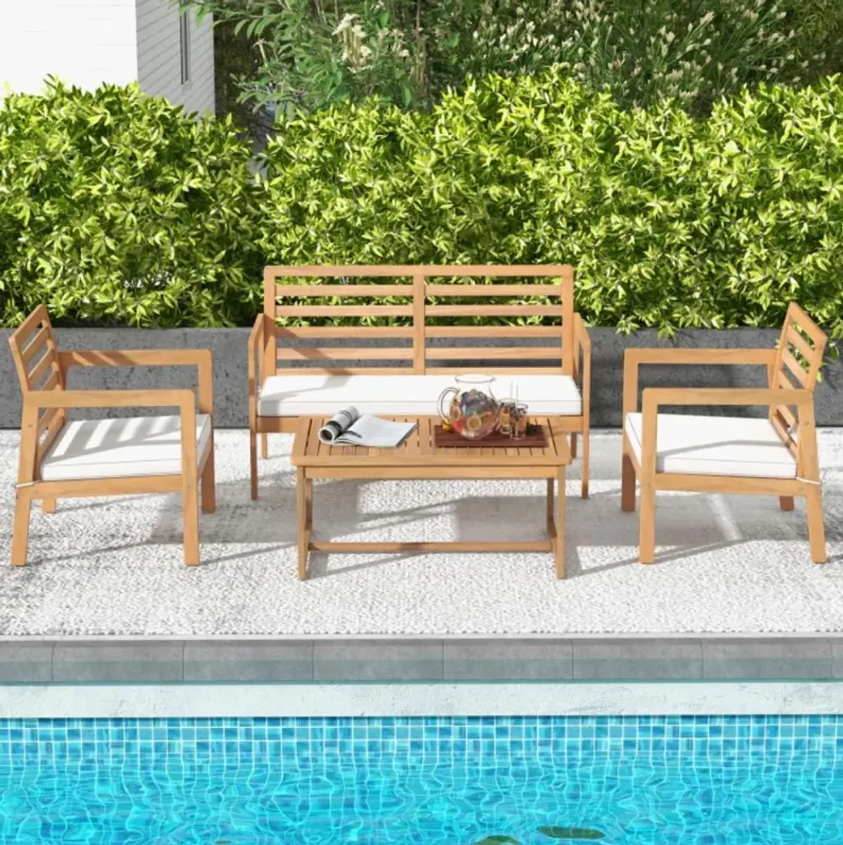 Hivvago 4 Piece Wood Patio Conversation Set with 2 Armchairs and Coffee Table